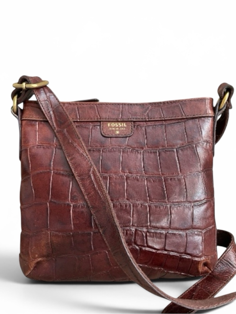 Fossil Vintage Dark Brown Croc-Embossed Leather Crossbody Bag